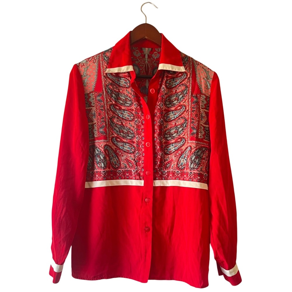 Vintage 80s Howard Wolf Red Paisley Print Button Down Shirt size 8